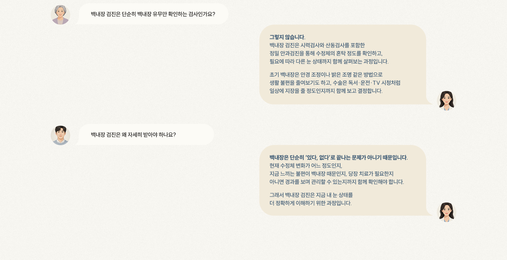 [Q. 백내장 검진은 유무만 확인하나요?] [A. 정밀검진으로 혼탁·눈 상태 확인] [Q. 왜 자세히 받아야 하나요?] [A. 변화 정도·치료 필요 여부까지 확인]