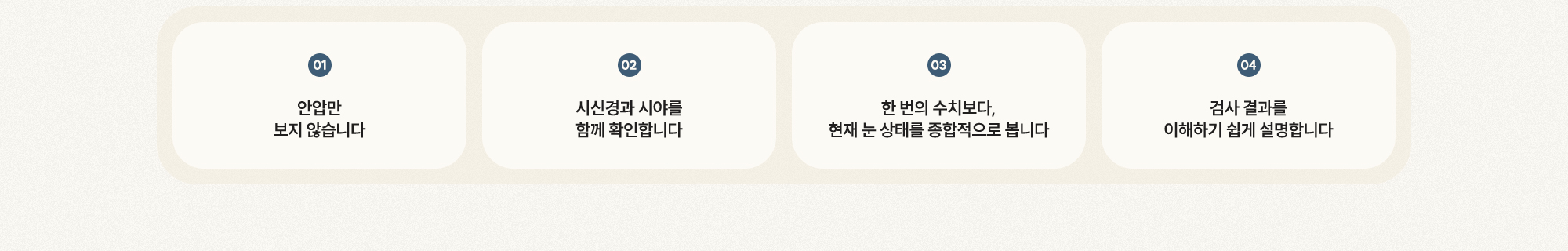 [01 안압만 보지 않습니다] [02 시신경과 시야를 함께 확인합니다] [03 현재 눈 상태를 종합적으로 봅니다] [04 검사 결과를 이해하기 쉽게 설명합니다]
