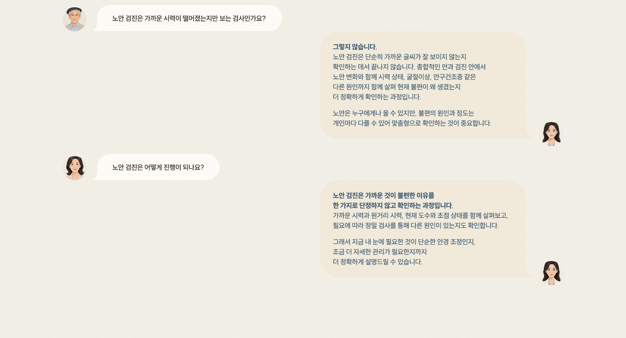 [Q. 가까운 시력만 보는 검사인가요?] [A. 굴절·안구건조증 등 다른 원인까지 확인] [Q. 검진은 어떻게 진행되나요?] [A. 불편 원인을 다각도로 확인하는 과정]