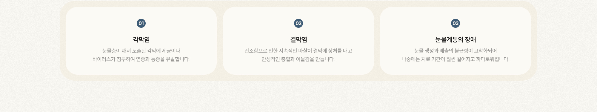 [01 각막염] 눈물층이 깨져 세균·바이러스 침투로 염증과 통증 [02 결막염] 건조함으로 만성 충혈·이물감 [03 눈물계통의 장애] 생성·배출 불균형이 고착화되면 치료 어려움