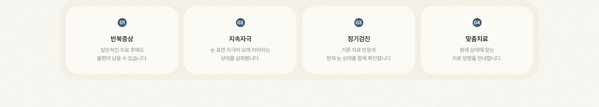 [01 반복증상] [02 지속자극] [03 정기검진] [04 맞춤치료]