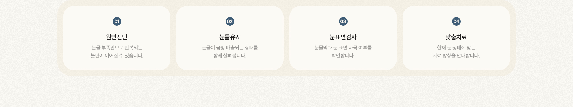 [01 원인진단] [02 눈물유지] [03 눈표면검사] [04 맞춤치료]
