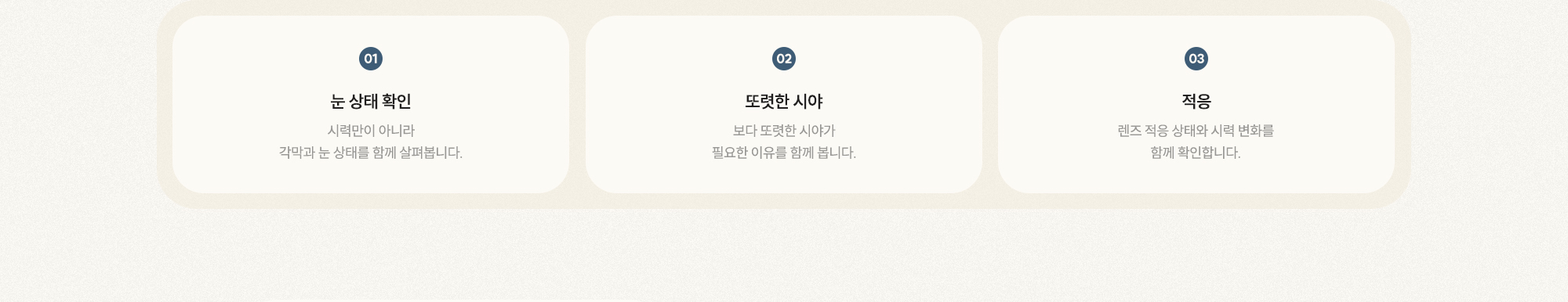 [01 눈 상태 확인] [02 또렷한 시야] [03 적응]