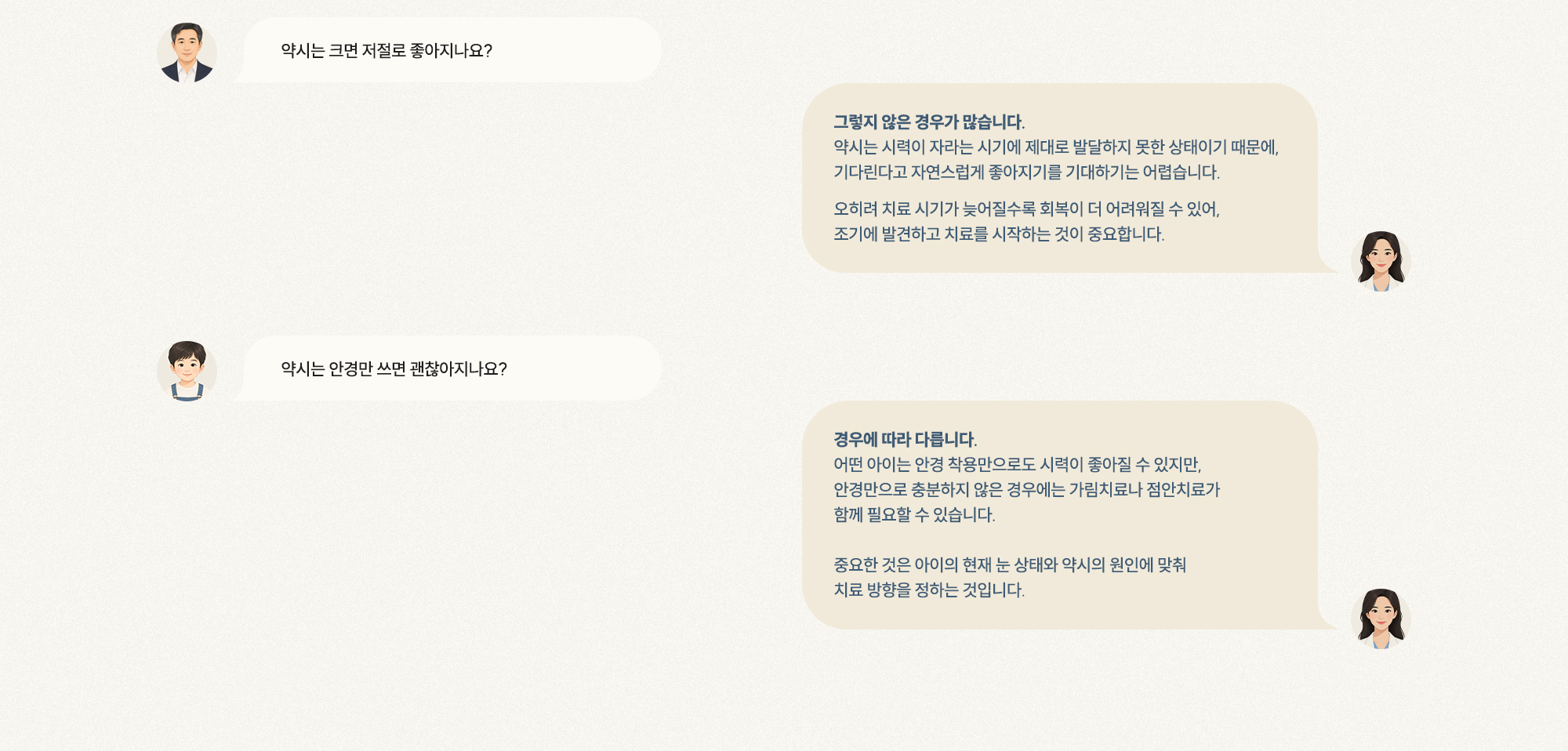 [Q. 약시는 저절로 좋아지나요?] [A. 치료 시기 늦을수록 회복 어려워 조기 발견 중요] [Q. 안경만 쓰면 괜찮나요?] [A. 경우에 따라 가림치료·점안치료 함께 필요]
