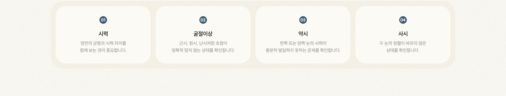 [01 시력] 양안 균형·시력 차이 확인 [02 굴절이상] 근시·원시·난시 확인 [03 약시] 시력 발달 문제 확인 [04 사시] 두 눈 정렬 확인